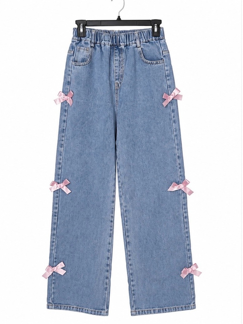 Light Wash Wide Leg Jeans with Pink Bow Deta
